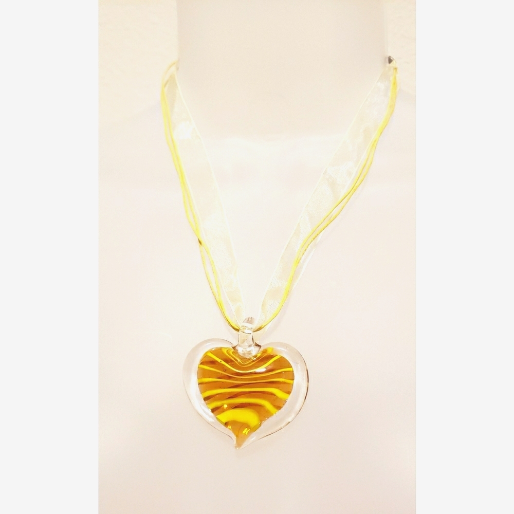 Clear Yellow Glass Heart Pendant Necklace